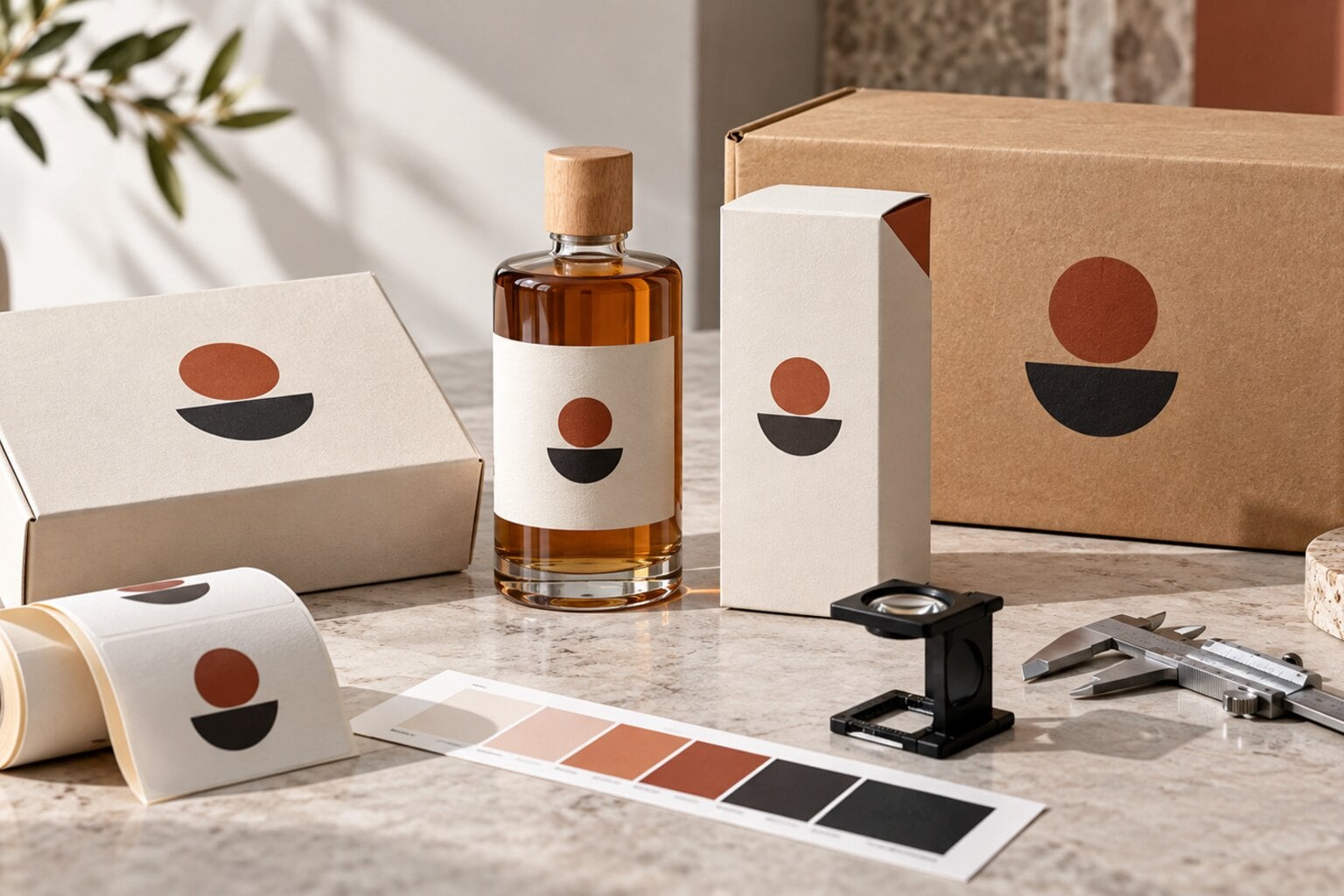 Logo applied consistently to boxes, a bottle and printed labels beside color and measurement proofing tools