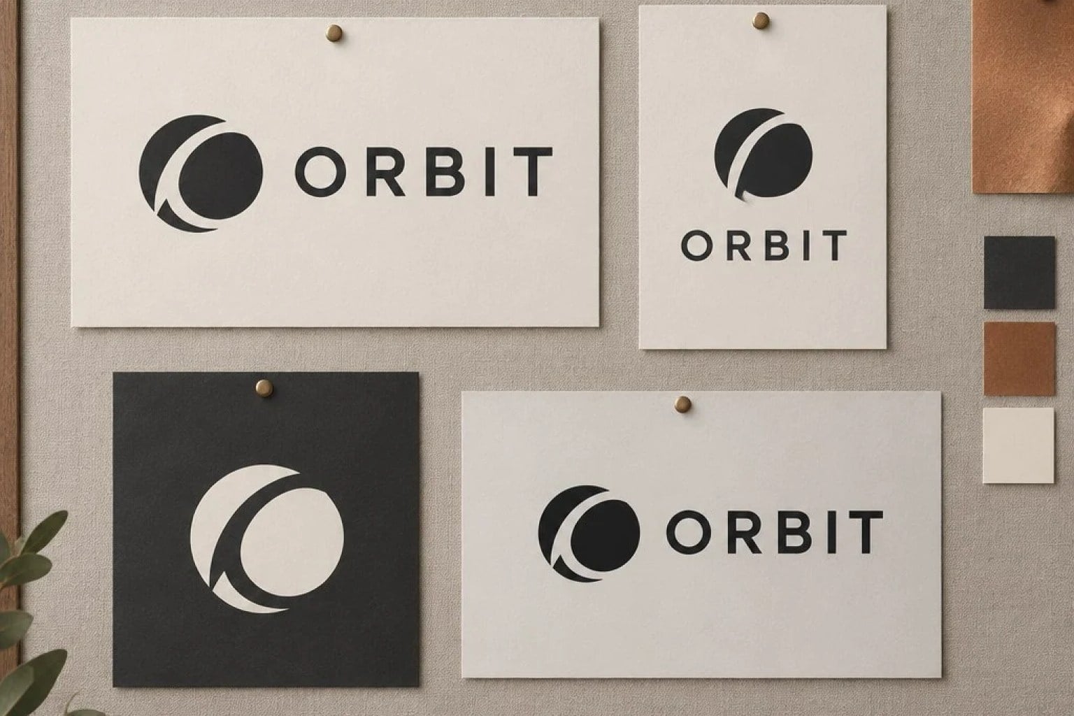 Fictional Orbit logo shown as a horizontal lockup, stacked lockup, symbol and monochrome variation on a designer pinboard