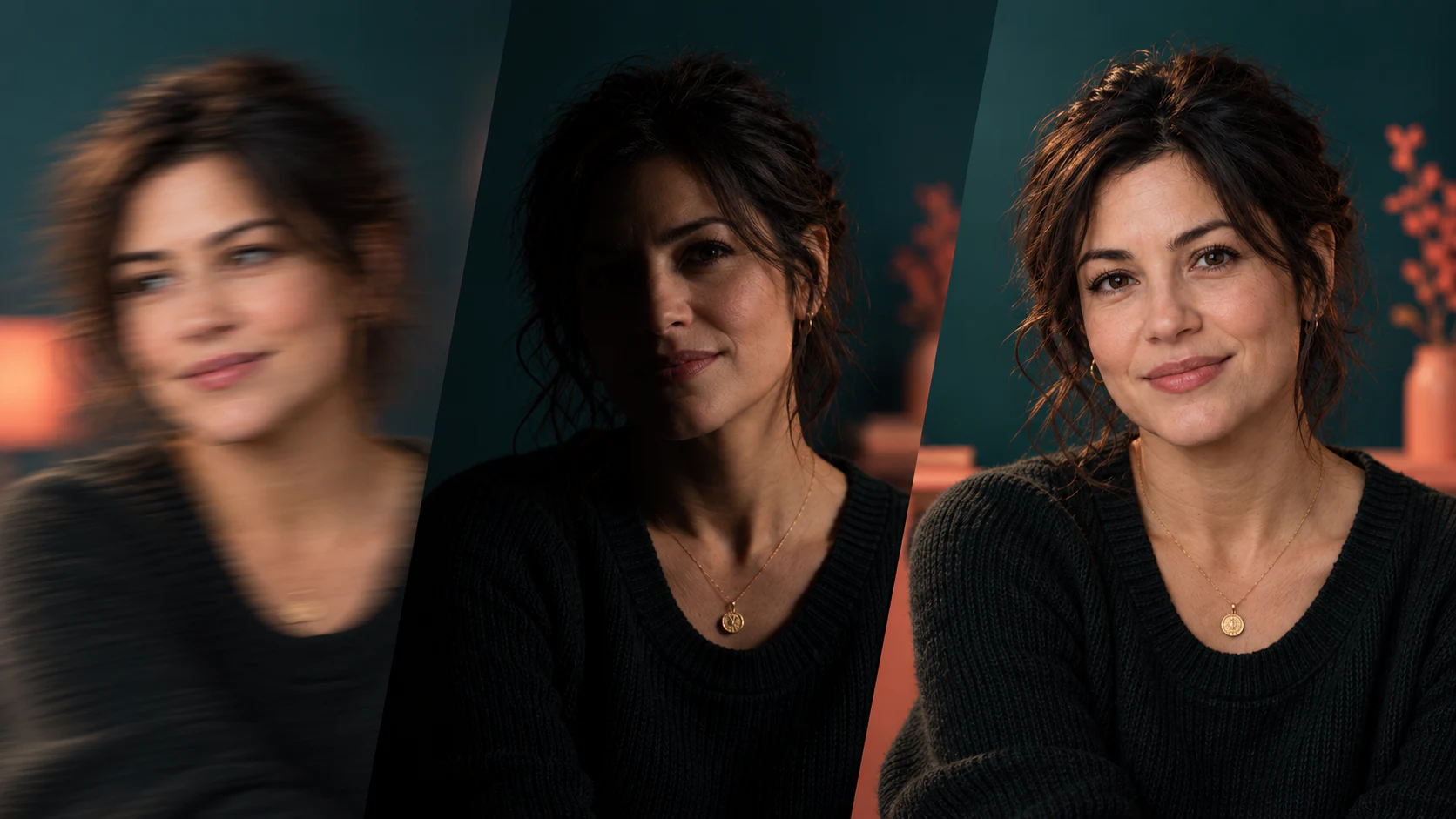 Fictional adult portrait shown with motion blur, deep side shadow, and clear even lighting