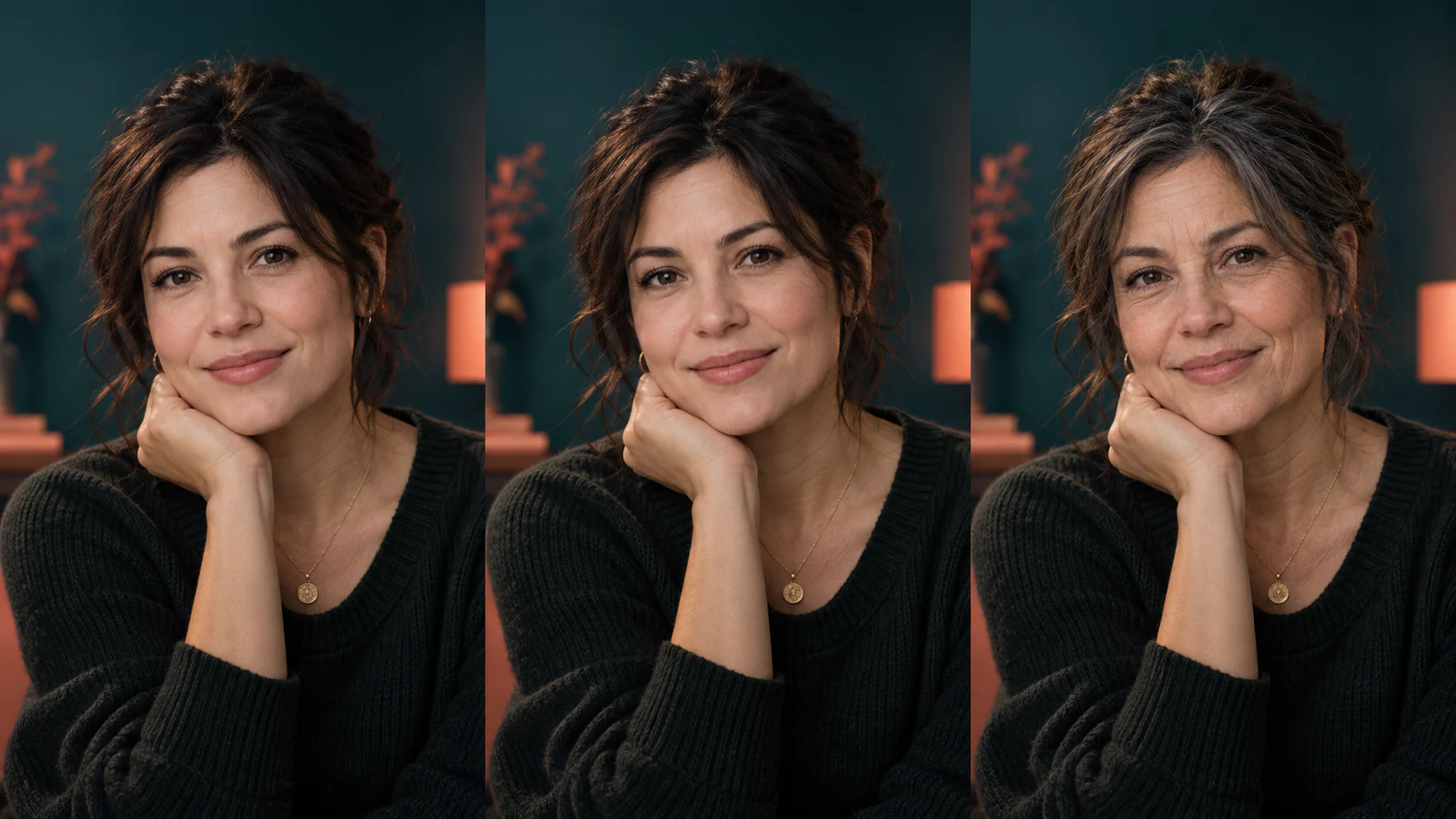 Fictional adult shown in an original portrait and subtle younger-looking and older-looking variations