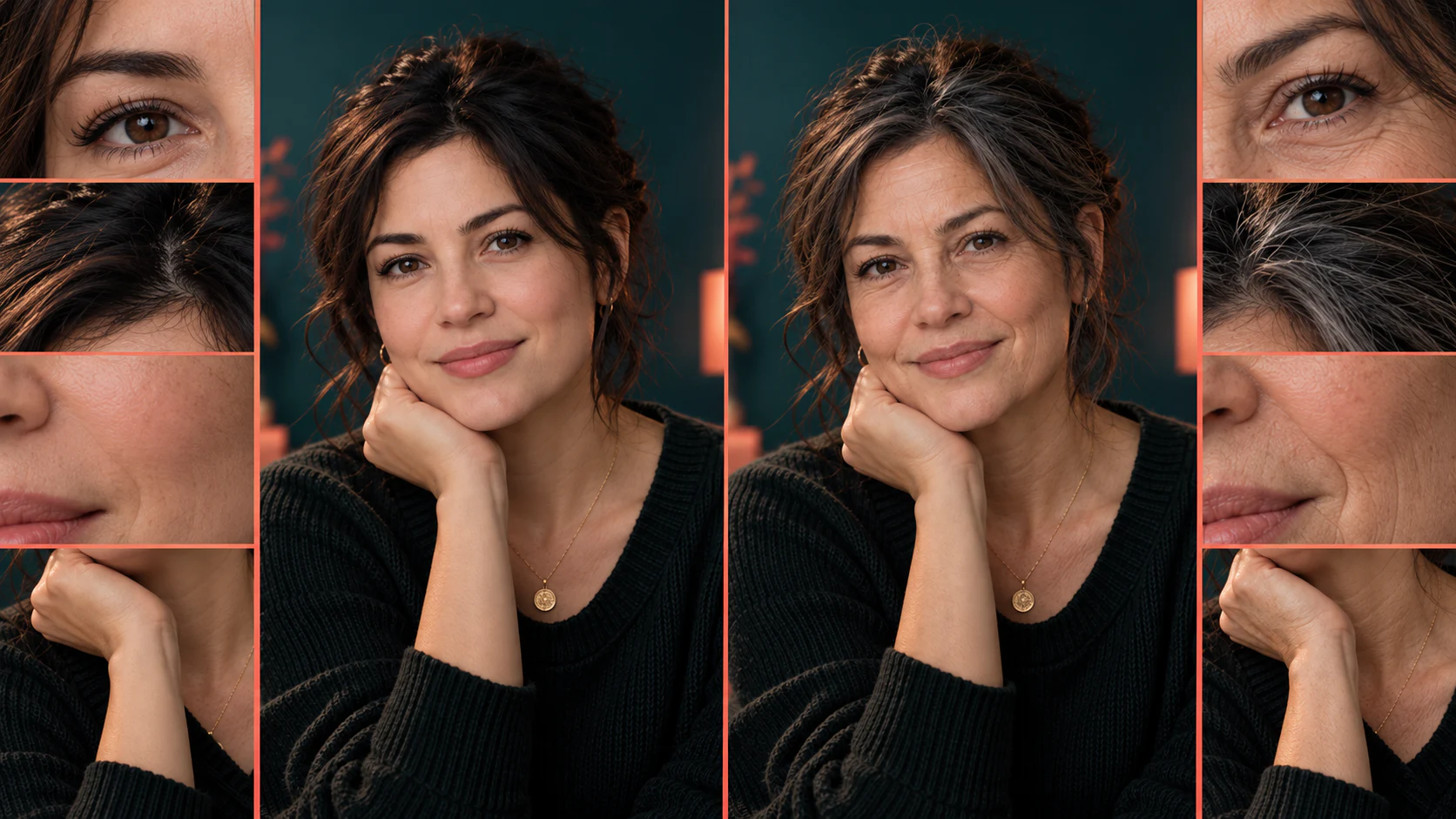 Original and subtly older-looking fictional adult portraits with close views of eyes, hair, skin, neck, and hands