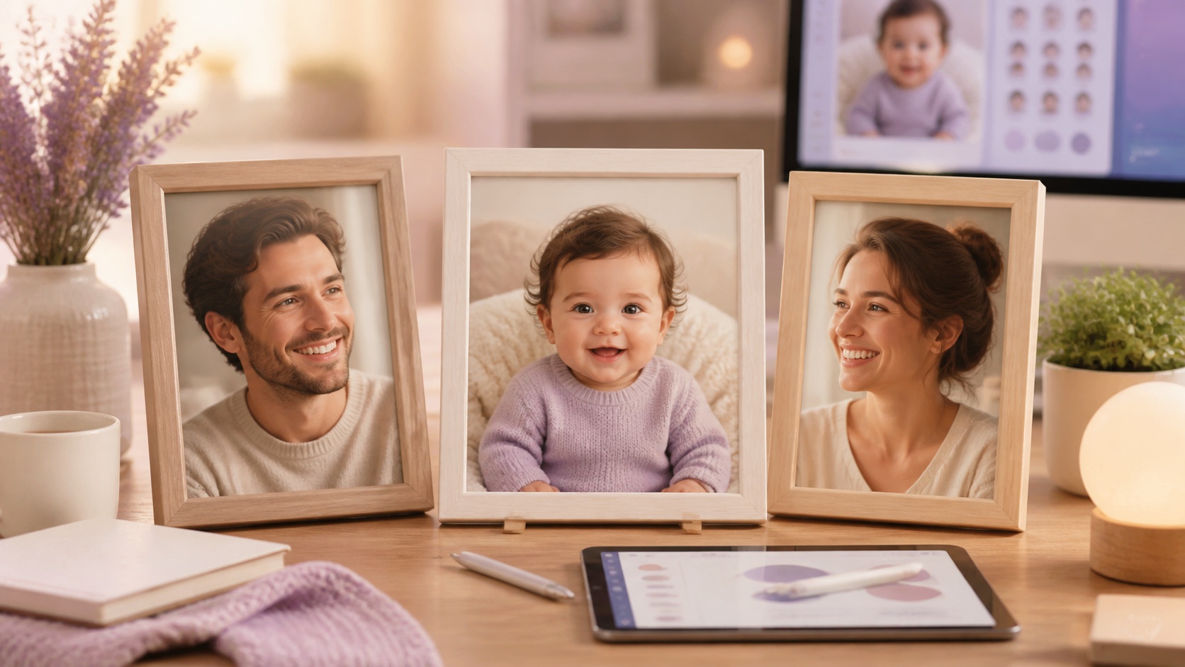 Two adult parent portraits beside a warm fictional baby portrait concept