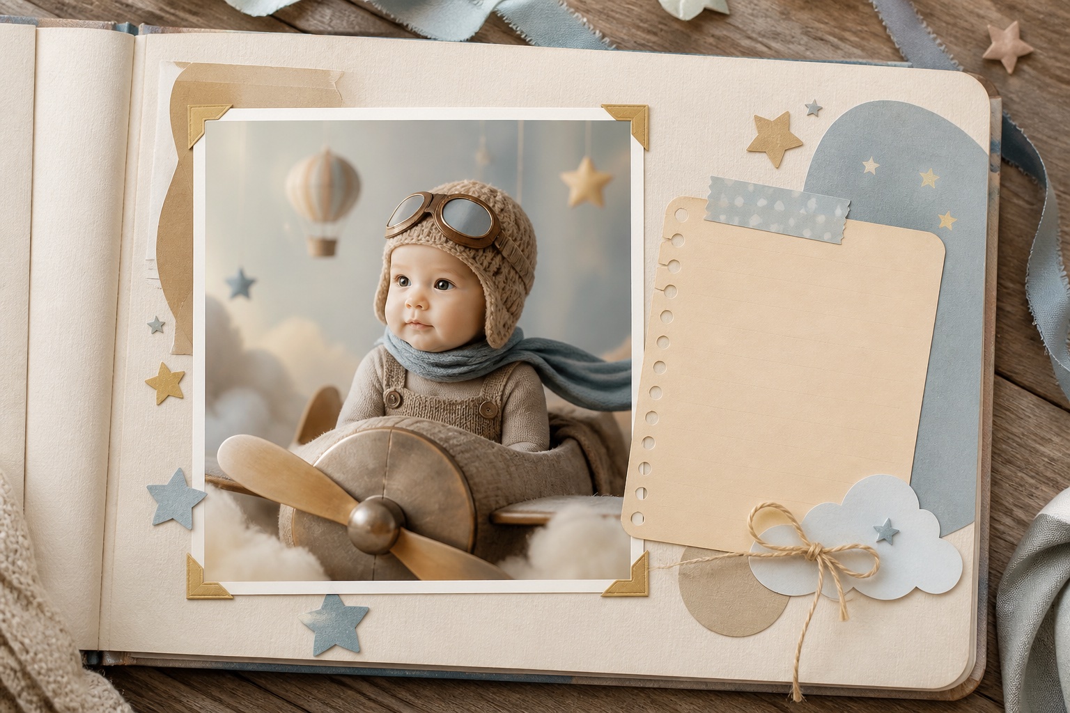Imaginative baby portrait concept arranged as a warm creative scrapbook