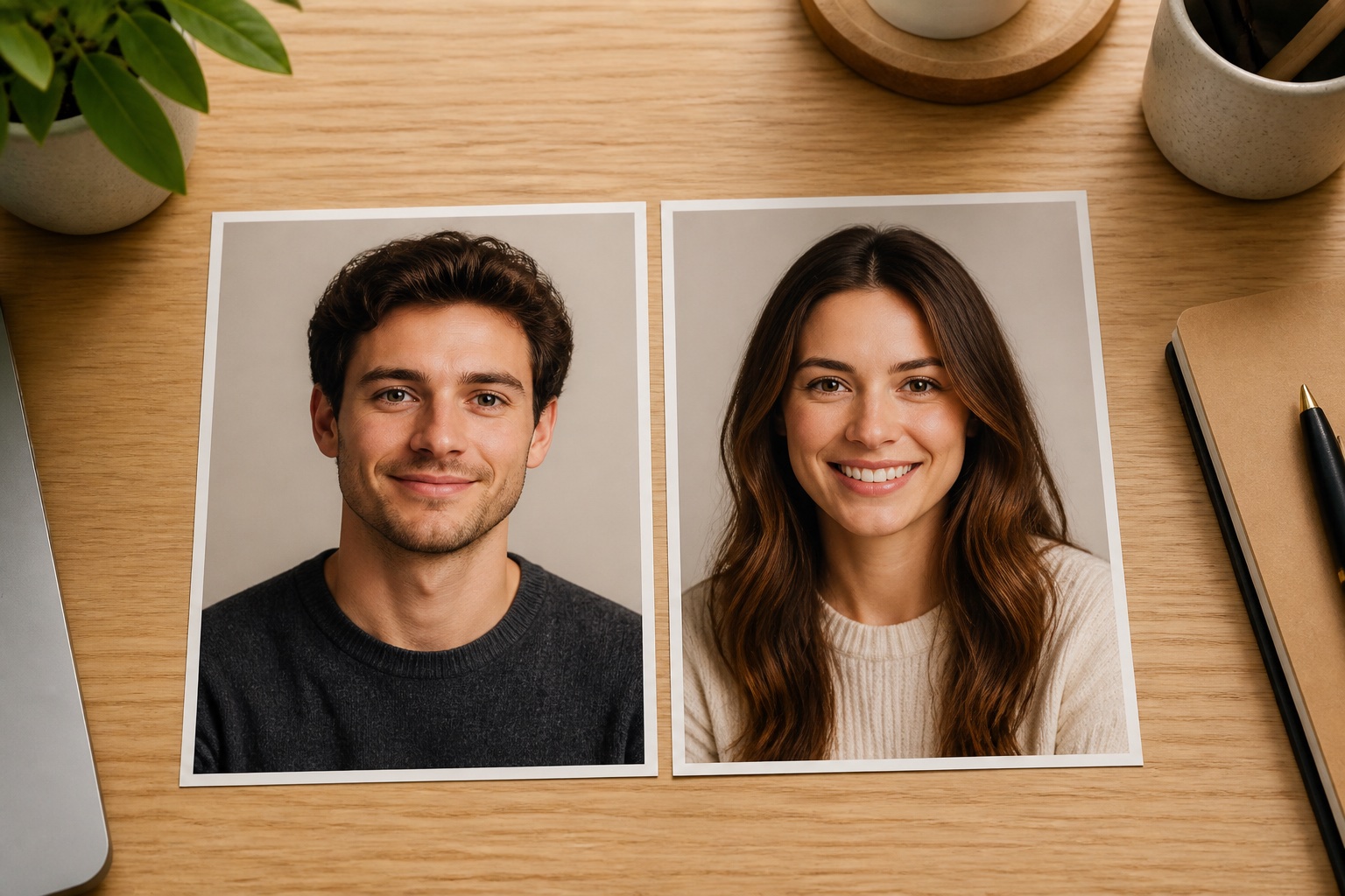 Two clear adult headshot photos with similar angles and even lighting