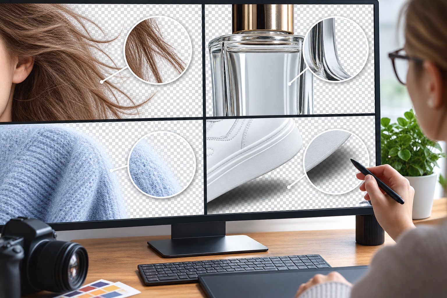 Close inspection of hair, glass, fabric and shadow edges on a transparency preview