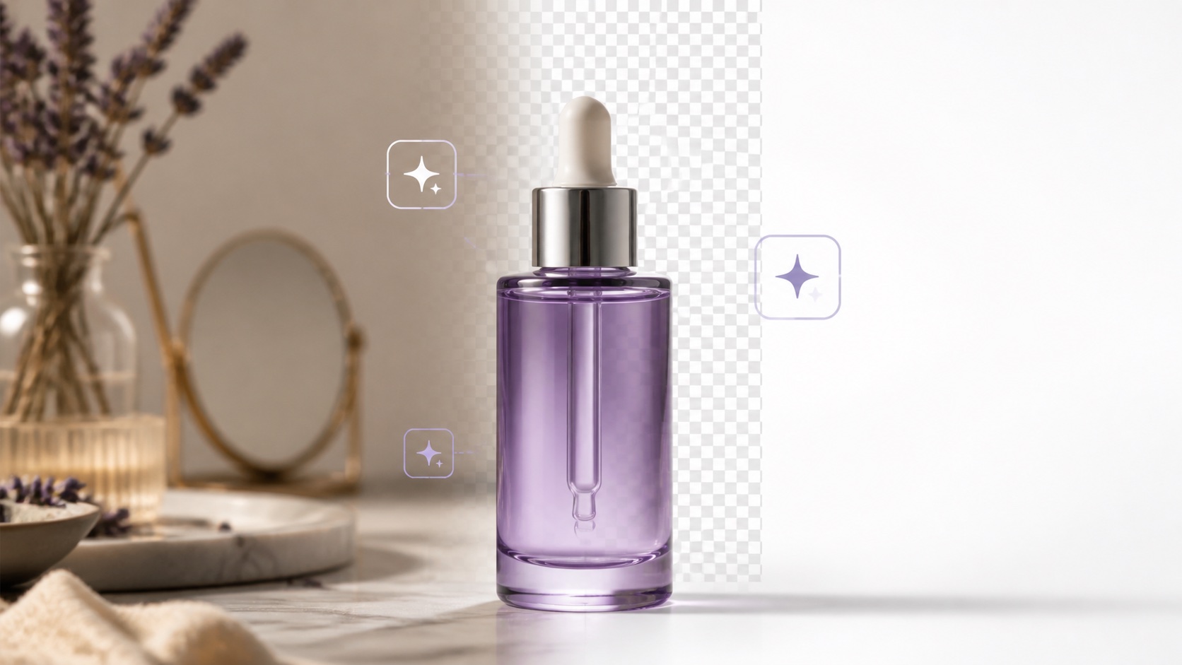 Skincare bottle transitioning from a lifestyle background to a clean transparent cutout