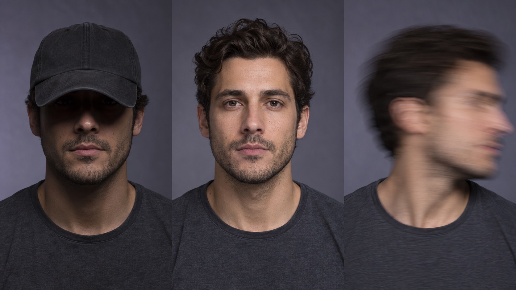 Three fictional adult portraits comparing an obstructed source, a clear front-facing source, and a blurred profile