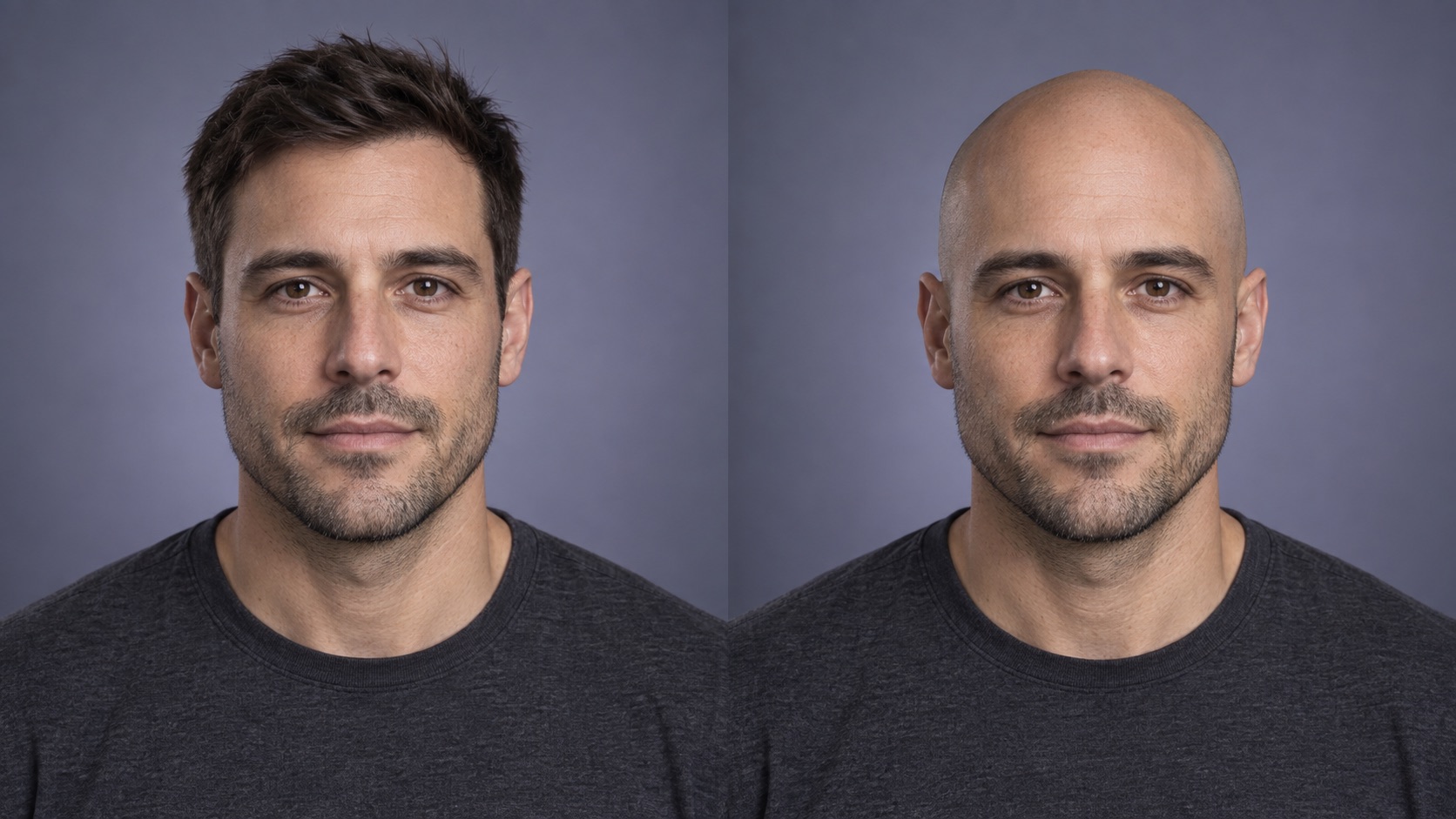 Fictional adult portrait before and after a natural shaved-head preview