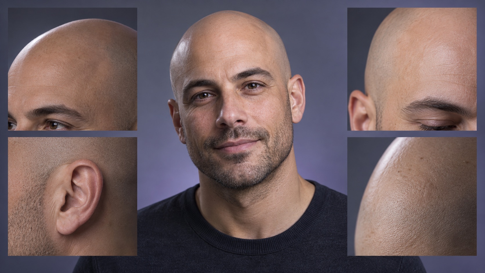 Fictional bald adult portrait arranged to emphasize head contour, temple transition, ears, skin texture, and lighting