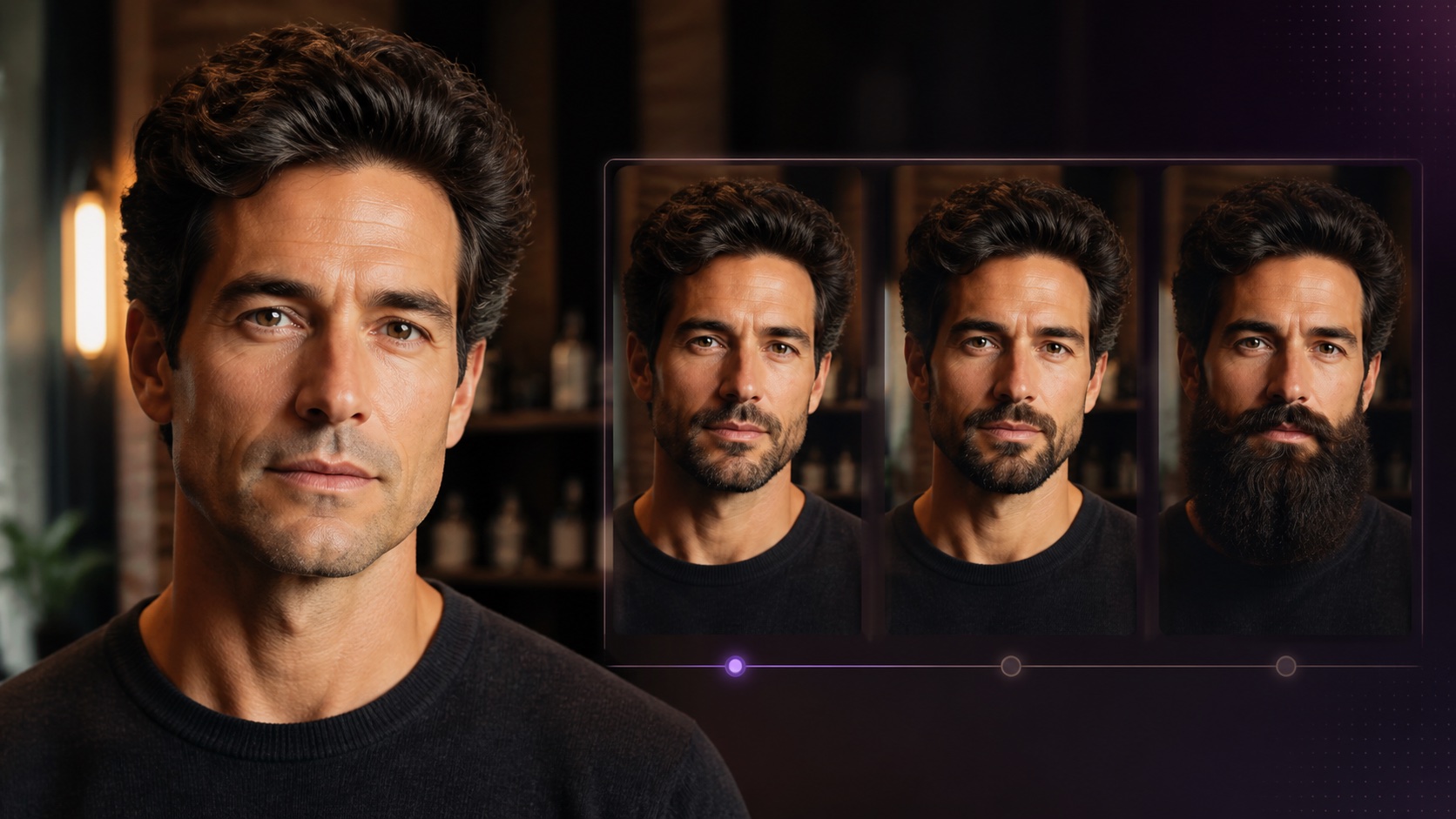 Adult portrait beside realistic short, medium and full beard style previews