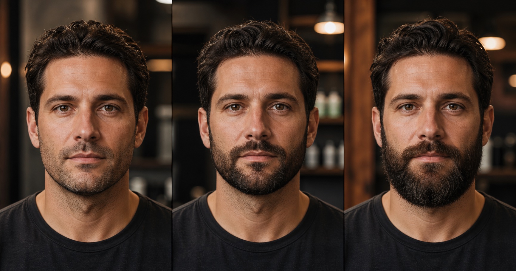 Same adult man comparing stubble, boxed beard and fuller beard styles