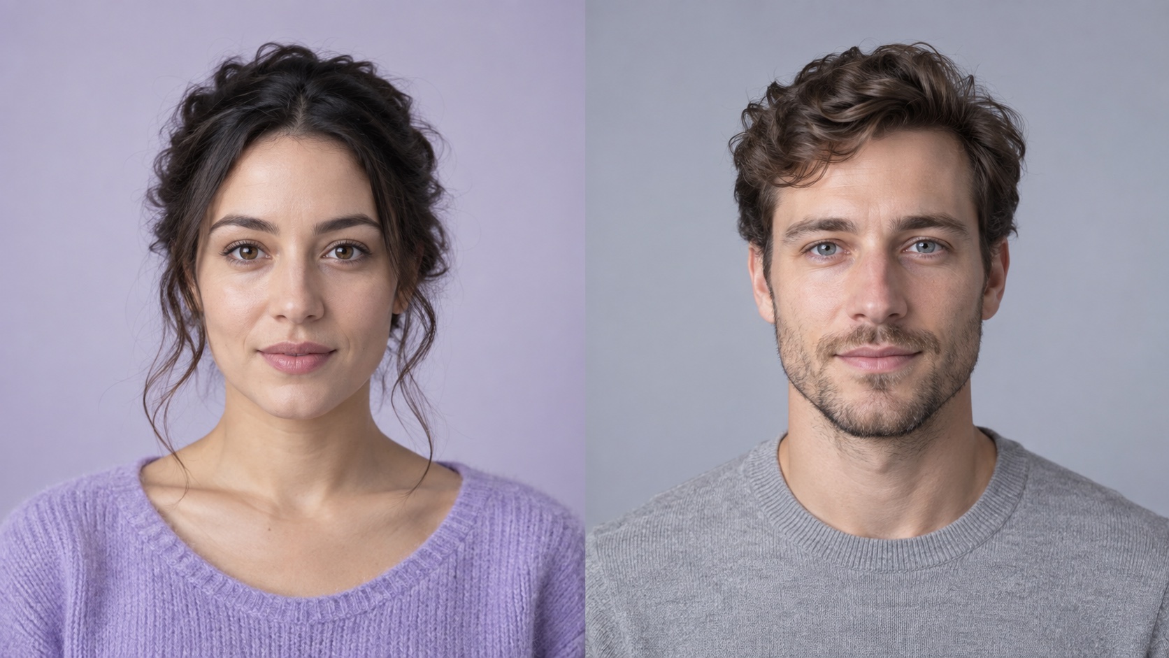 Two fictional adults photographed with matching eye-level angles, face scale, and soft studio lighting