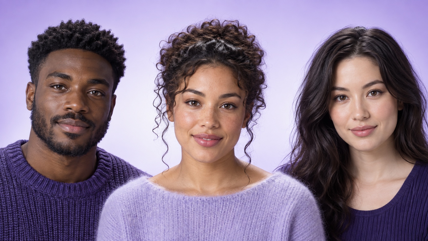 Two fictional adult source portraits beside a new fictional blended face on a lavender studio background