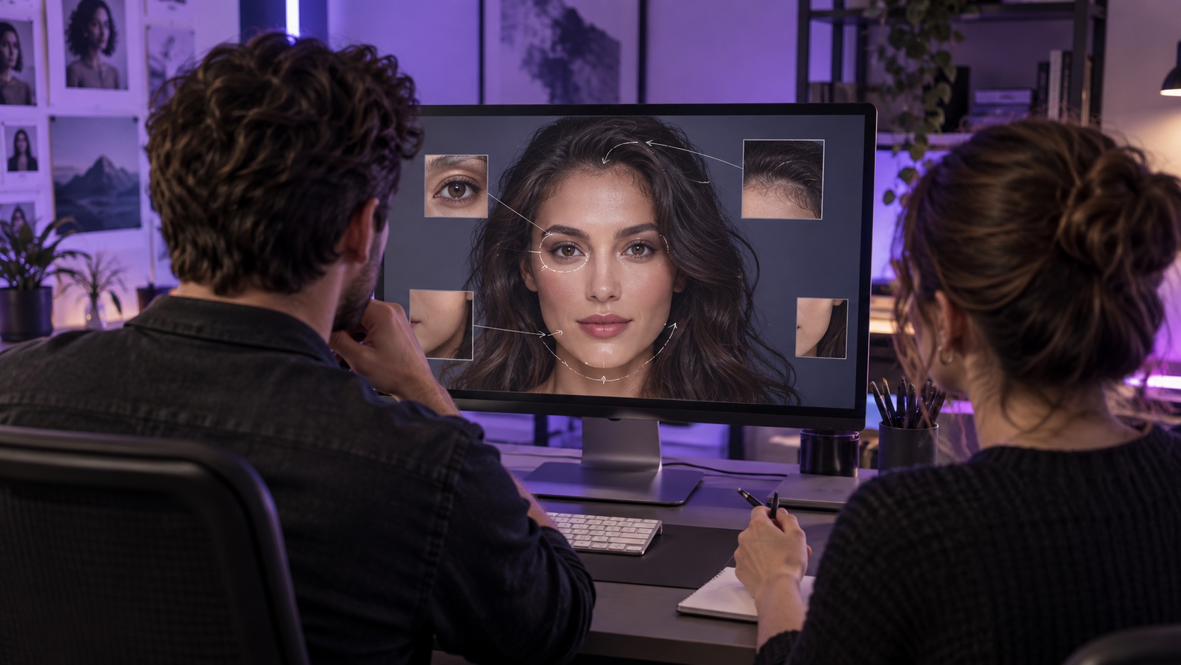 Two fictional adults reviewing a fictional blended portrait for eye, hairline, jaw, and lighting consistency