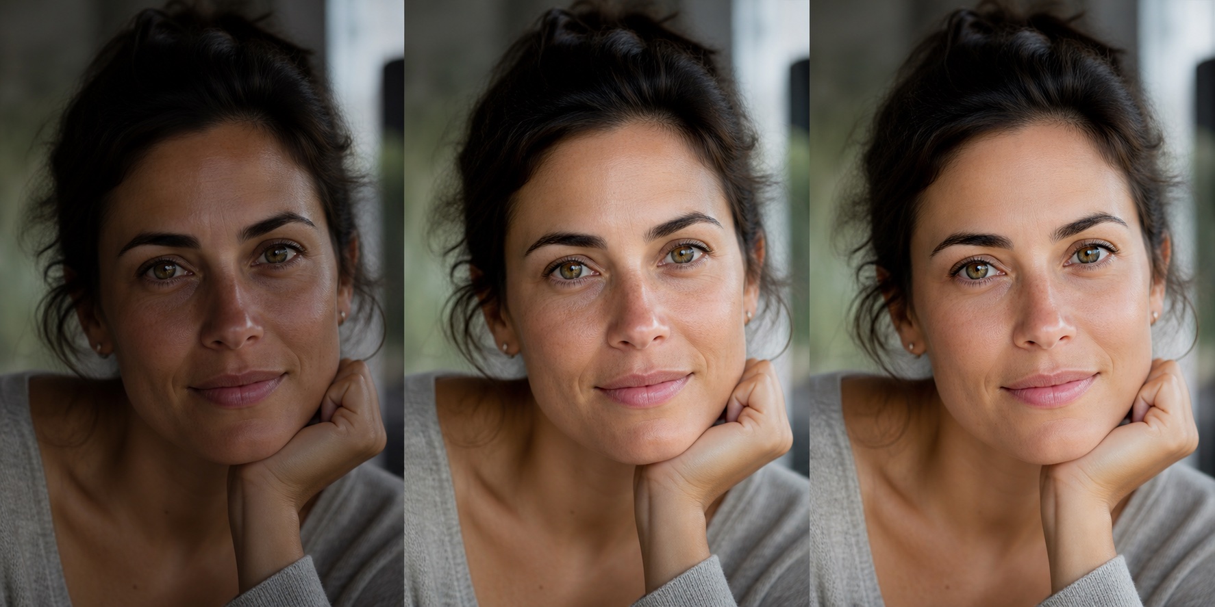 Portrait comparison showing exposure, color and subtle cleanup while retaining skin texture