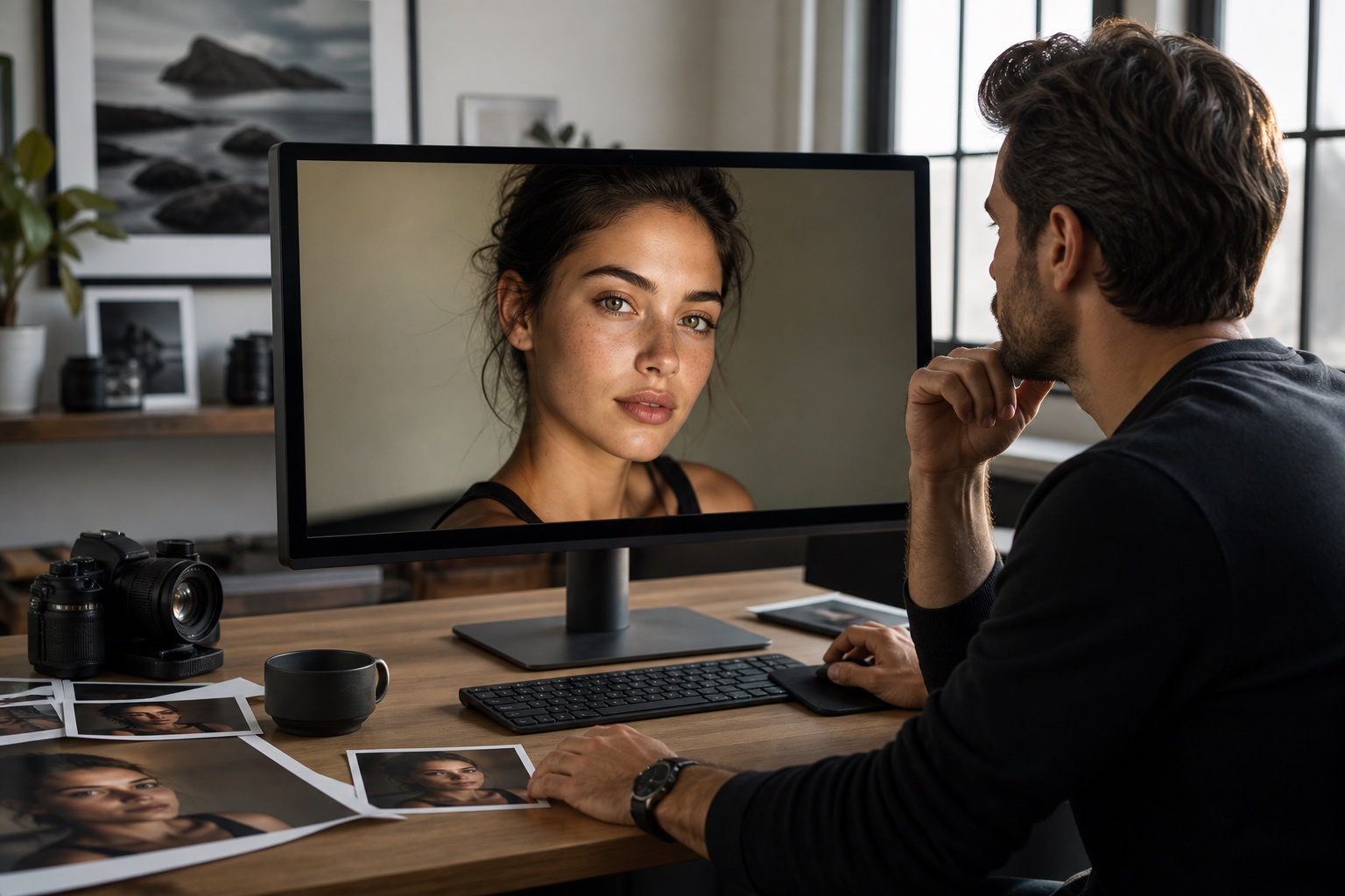Photo editor reviewing a naturally lit portrait on a calibrated monitor