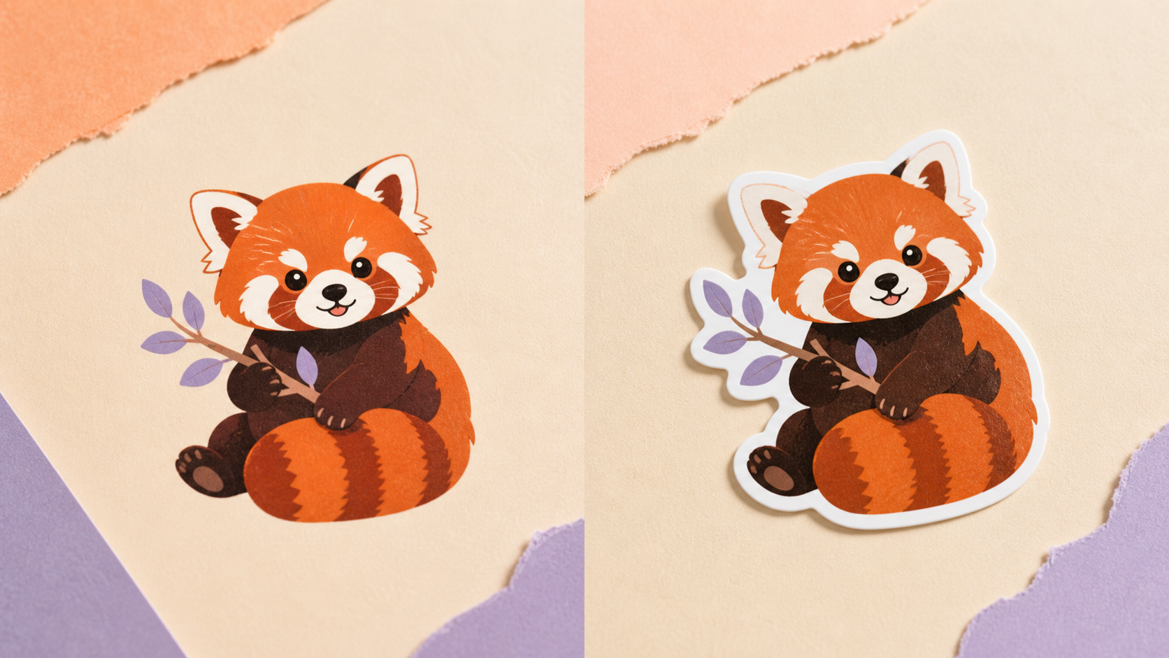 Red panda illustration before and after adding a clean white sticker outline