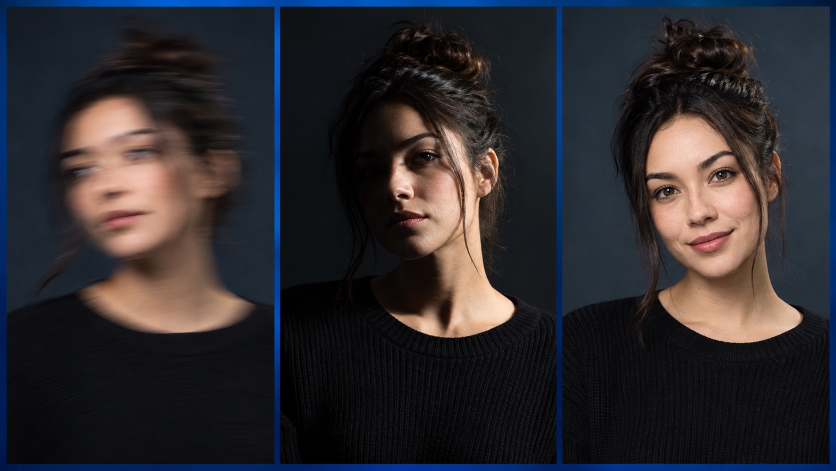 The same fictional portrait shown with motion blur, harsh side shadow, and clear even lighting