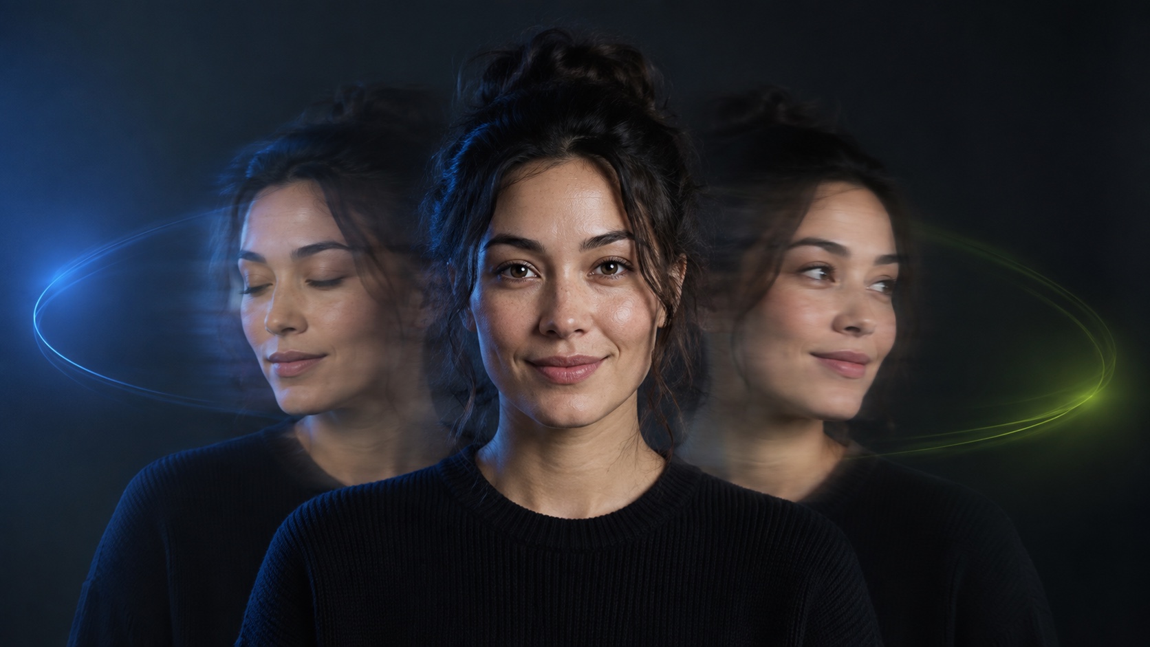 Fictional creator portrait with subtle overlapping poses suggesting a blink and gentle head turn