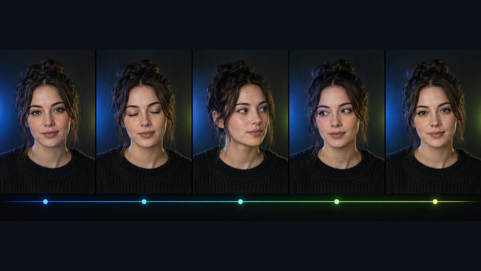 Five-frame sequence of a fictional creator blinking and making a small head turn before returning to the opening pose