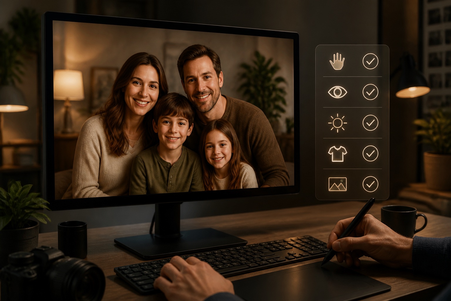 AI family portrait being checked for scale hands overlap and shadows