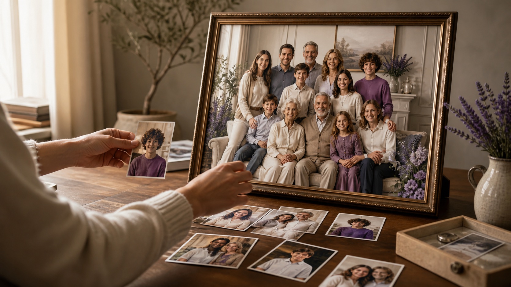 Finished multigenerational family portrait assembled from separate source photos
