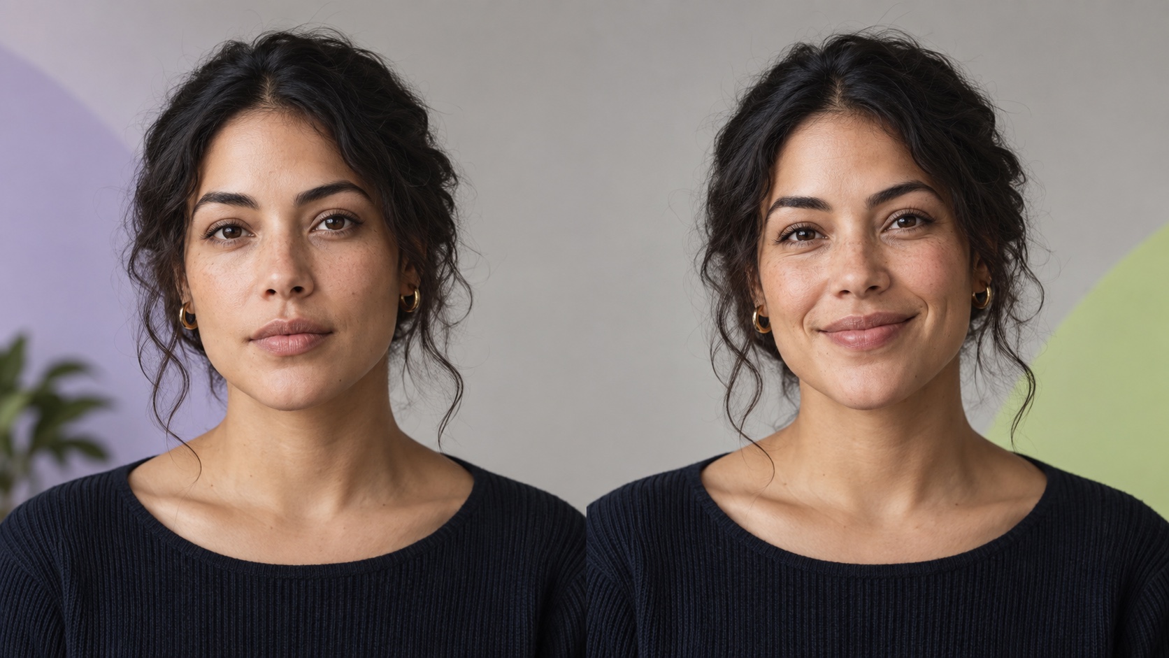 Fictional adult portrait before and after a subtle natural smile is added