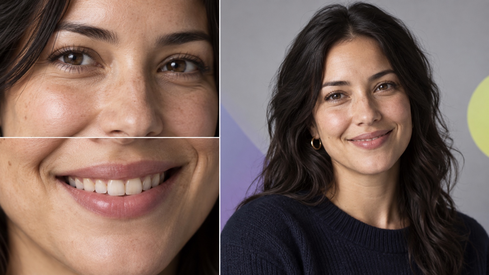 Fictional smiling adult portrait with close views of natural eye, cheek, mouth, and tooth details