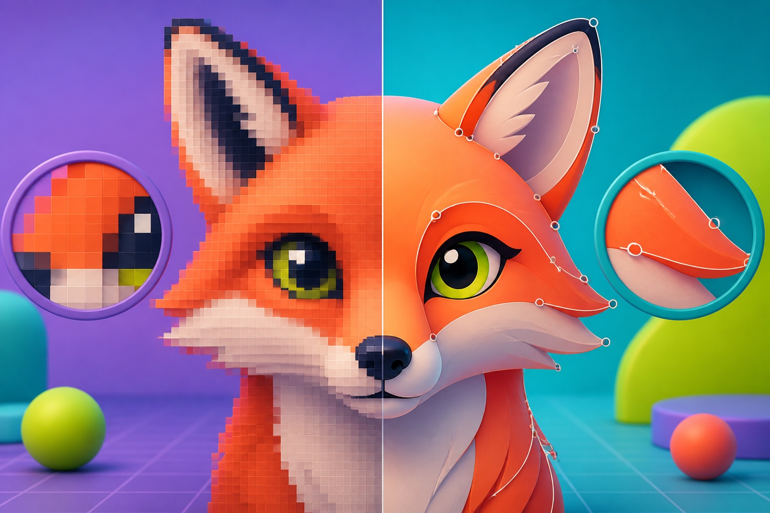 Fox illustration shown as enlarged pixels on one side and smooth vector paths on the other