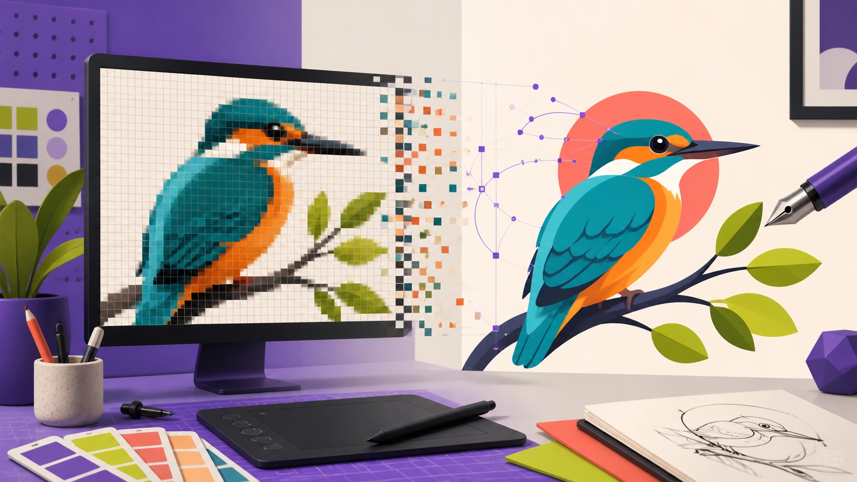 Colorful pixel illustration transforming into clean vector paths and shapes