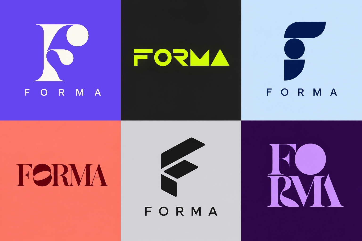 Six original FORMA logo concepts in purple, lime, blue, coral, black, and lavender