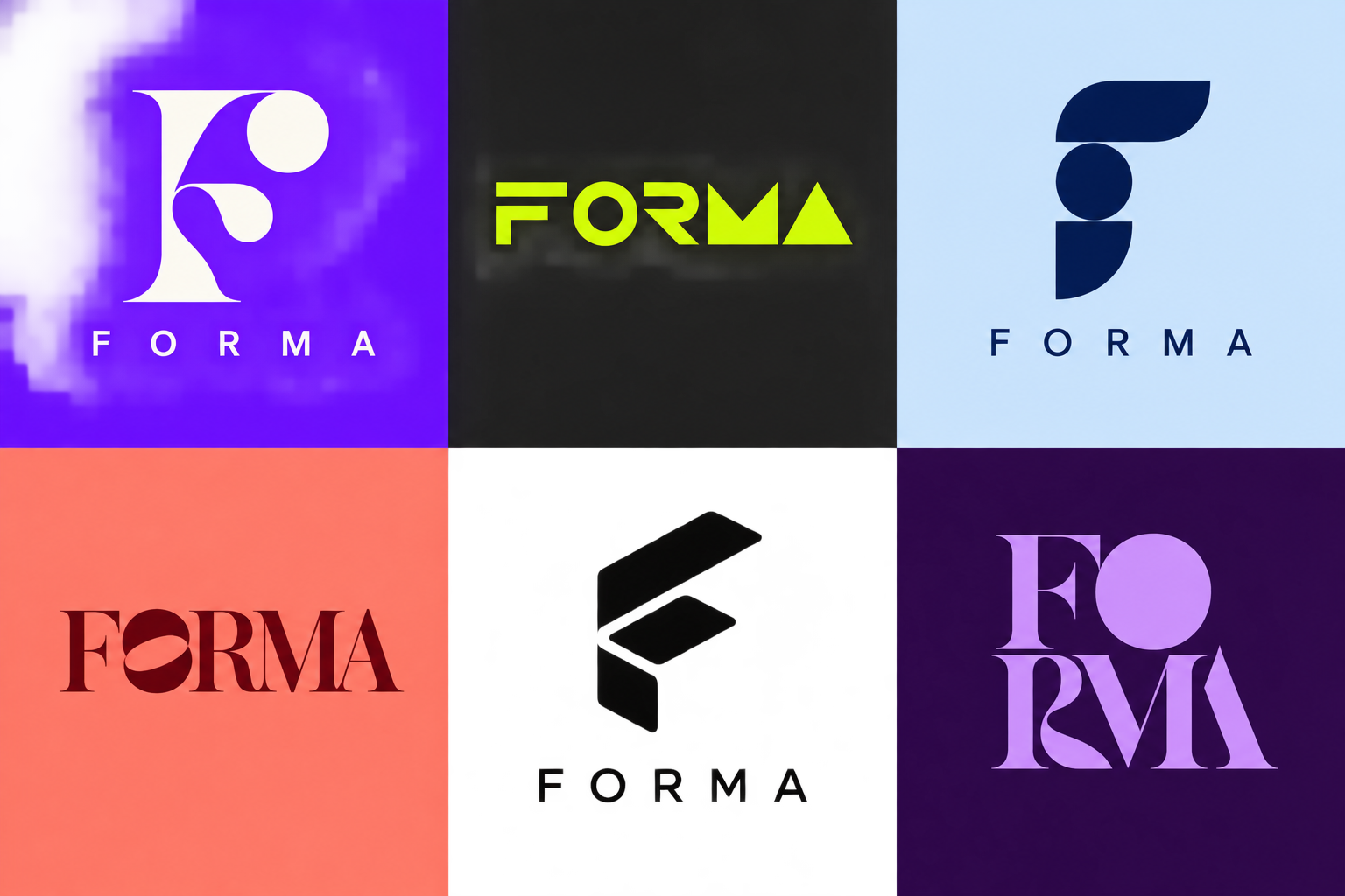 Six illustrative FORMA logo concepts showing different design styles