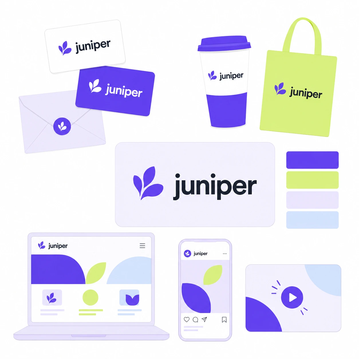 Juniper example brand kit with a purple logo, color palette, business cards, envelope, cup, lime tote bag, website, social graphics, and logo-motion preview