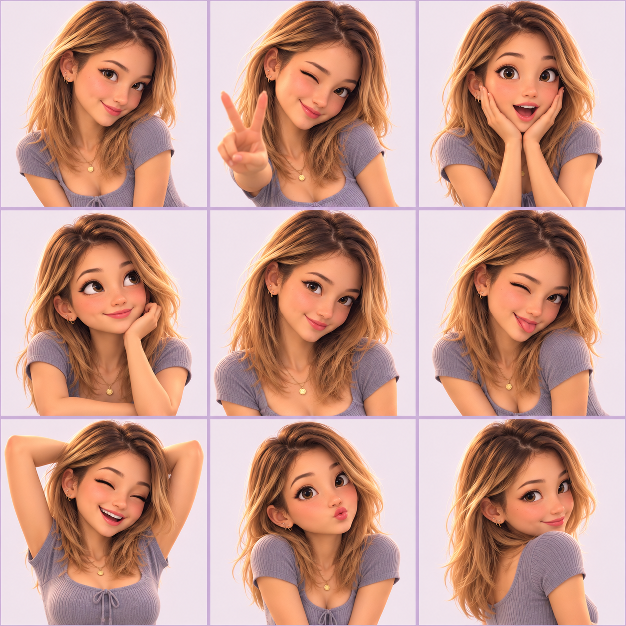 Example of a 3 by 3 cartoon character sheet with nine expressions